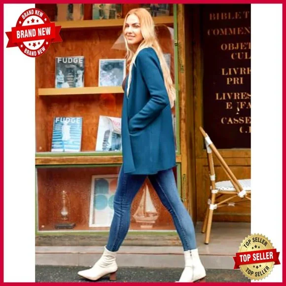 Long Sleeve Open Front Knit Cardigan Blazer Relaxed Fit Mid-Thigh - Picture 5 of 7